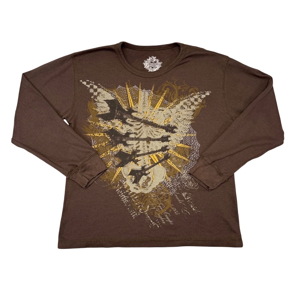 Dikotomy Thermal Waffle Knit Shirt Youth Size Large Brown Y2K Guitar Grunge